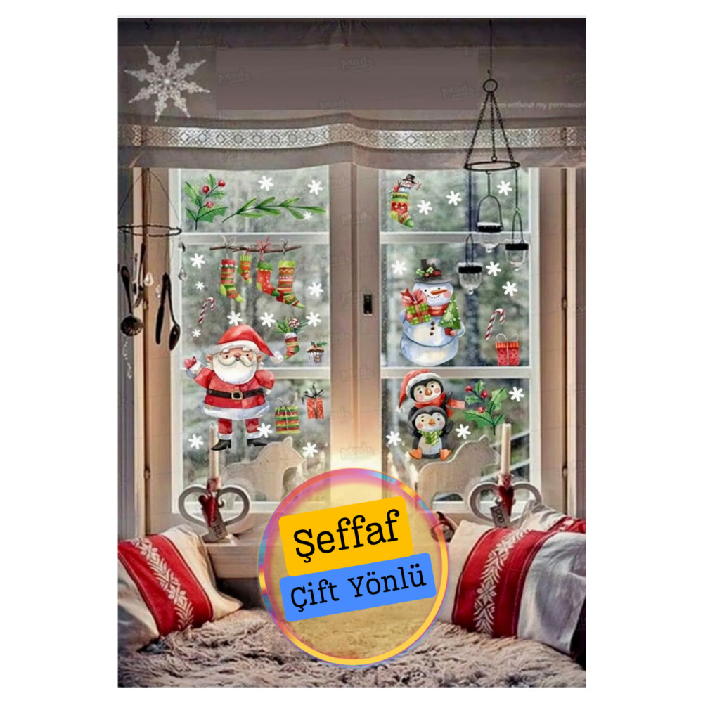 Think And Print Cam için Şeffaf Çift Görünümlü Yılbaşı Karlı Ev Noel Baba Yılbaşı Ağacı Yeniyıl Sticker Christmas 25 x 100 Beden Duvar Stickerı Fiyatı