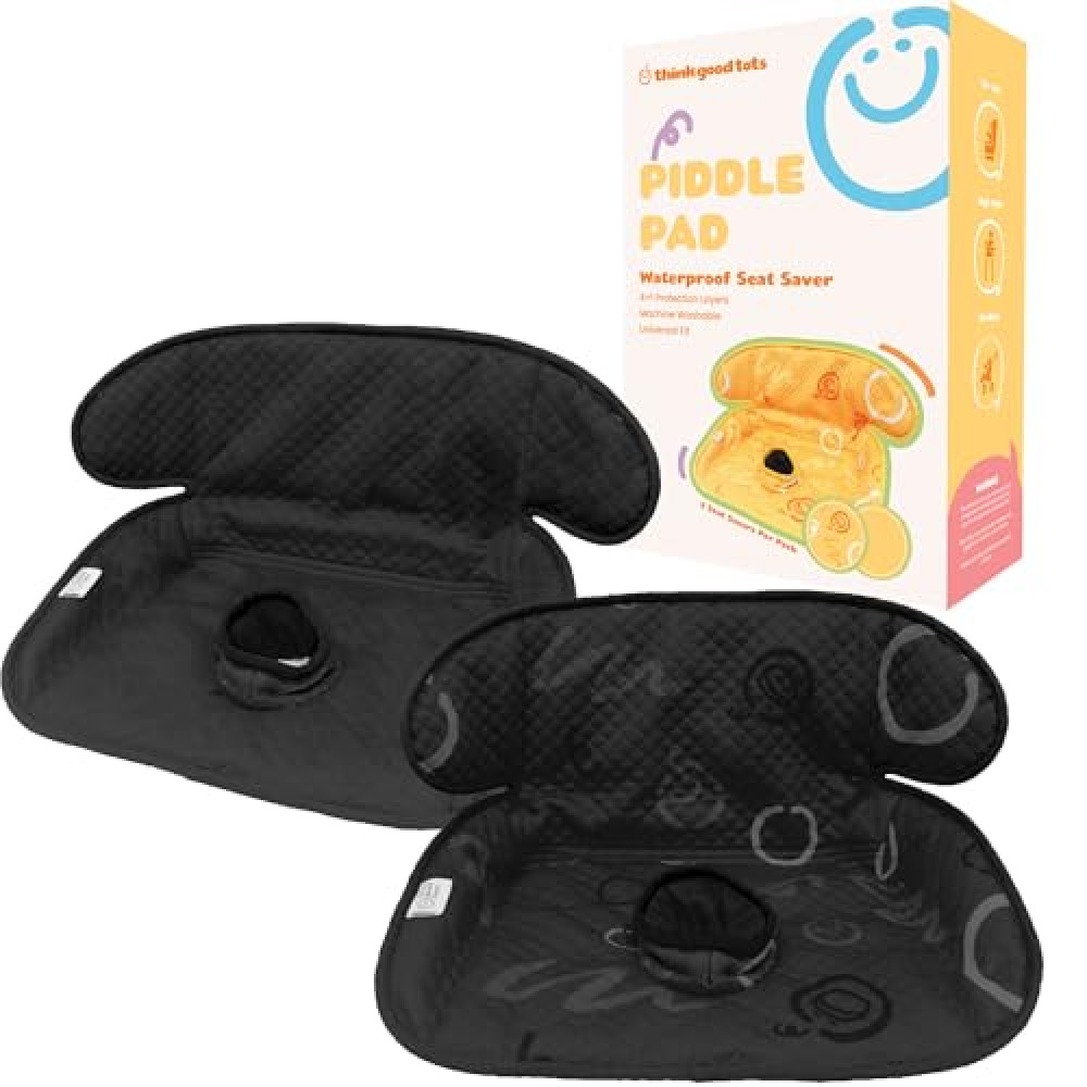THINK GOOD TOTS Black Piddle Pad: Waterproof Car Seat Protector for Potty Training Toddlers, Babies - Anti-Slip Backing, Machine Washable, Universal Fit, Stroller (2 Pack)