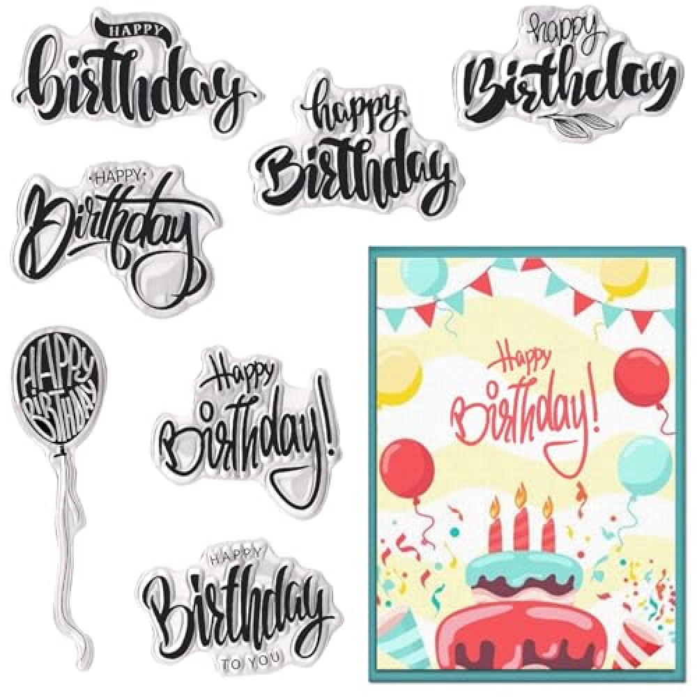 Threetols Happy Birthday Clear Stamps for Card Making, Ballon Clear Rubber Stamps Sentiments Words Stamps for Holiday Card Making DIY Scrapbooking Transparent Album Decor Paper Craft