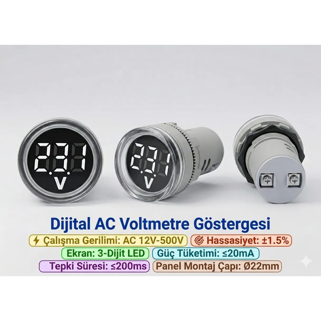 Tianyi Dijital Voltmetre - Ac12-500v - 22 Mm - Beyaz Diğer Fiyatı