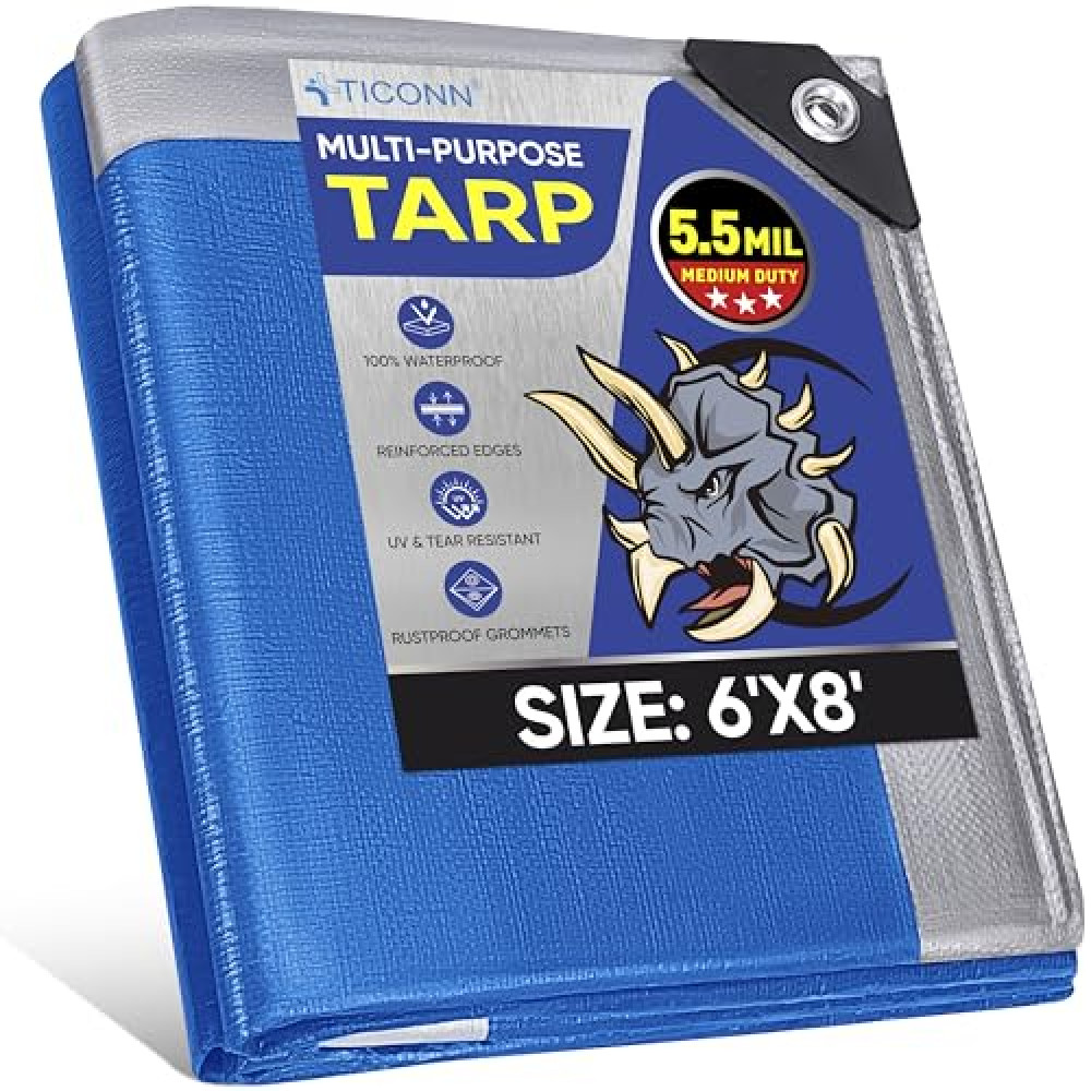 TICONN Heavy Duty Tarp Cover, Extra Thick Tarps Waterproof Tear and Rip Proof UV Resistant Tarpaulin with Reinforced Grommets and Edges (5.5 Mil, 6'x8') Car Cover Fiyatı
