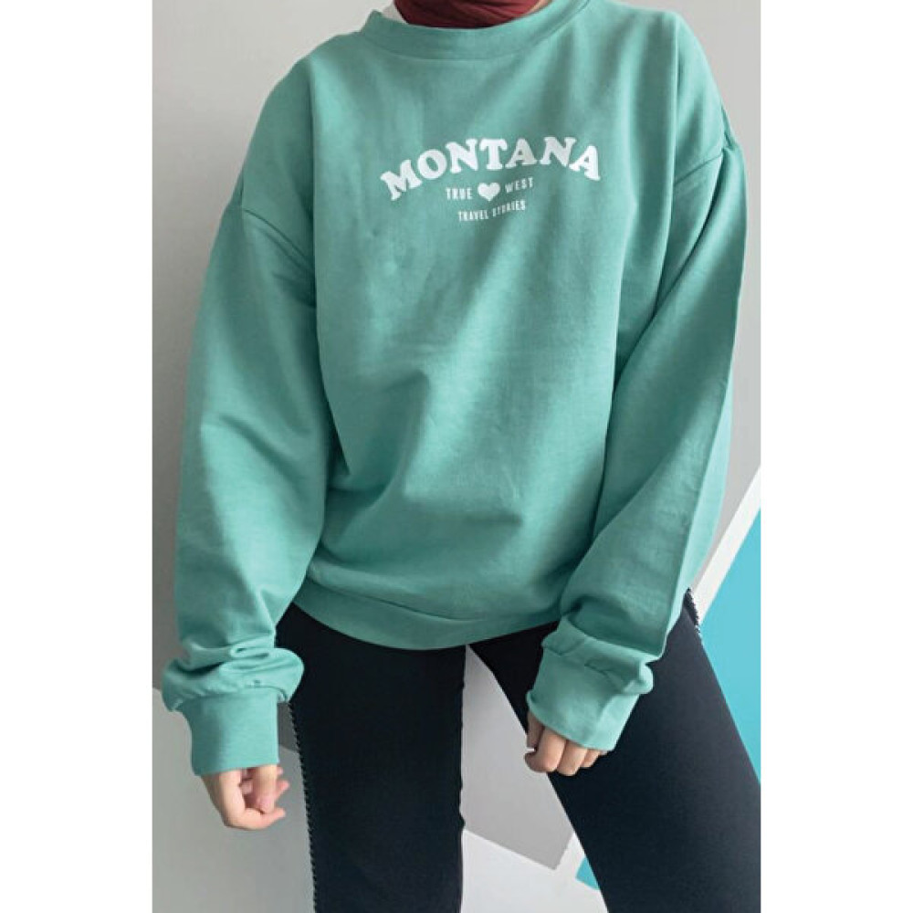 Tidy Shop Montana Baskılı Yeşil Sweatshirt Bayan Sweatshirt Fiyatı