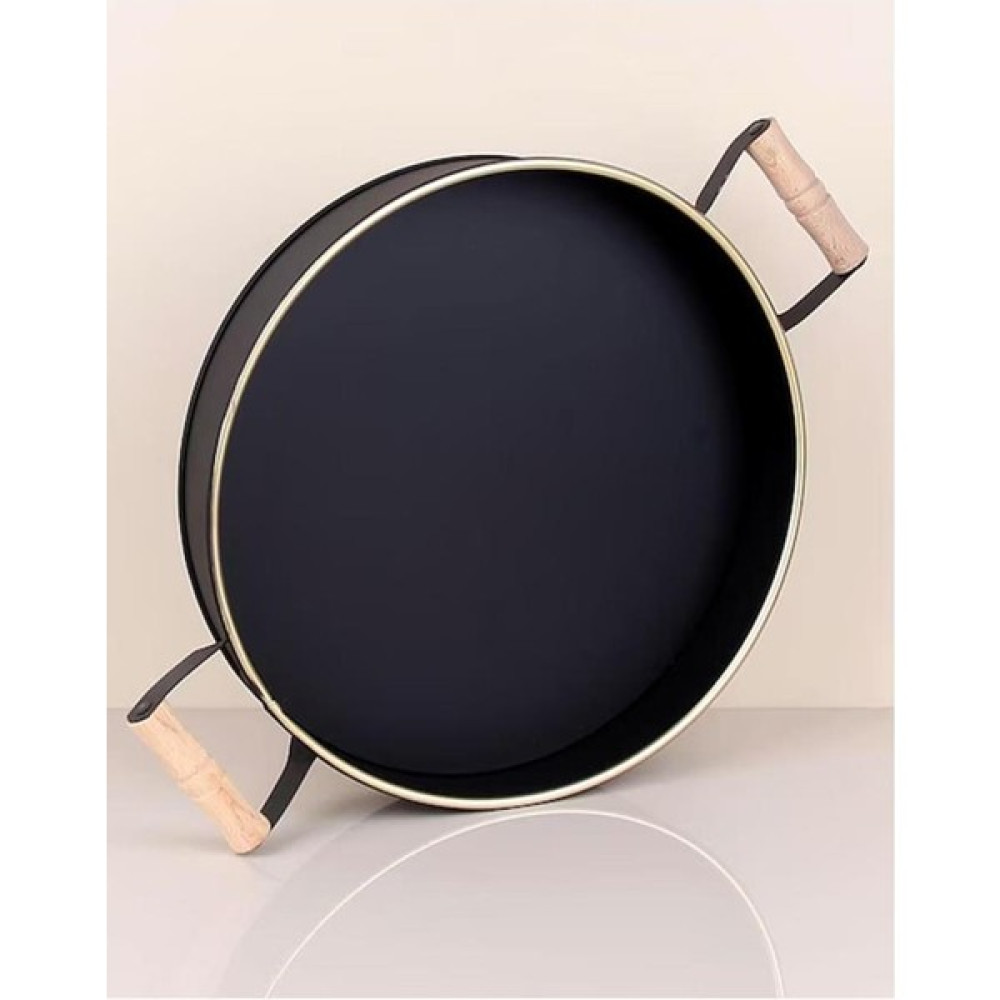 Tiesa Home 37CM Metal Ahşap Kulplu Yuvarlak Çay Kahve Sunum Kahvaltı Tepsisi Servis Tepsisi Fiyatı