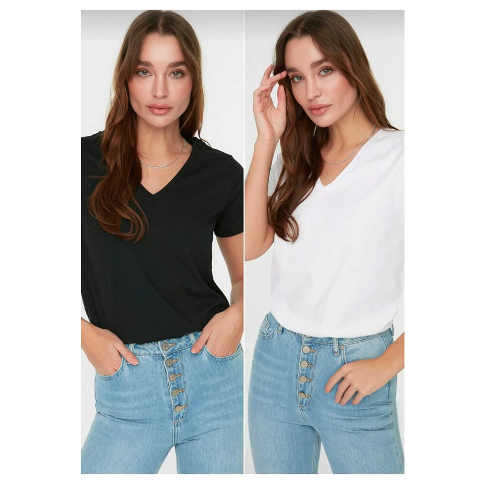 Tight Lady süper kalite siyah ve beyaz 2`li paket V-yaka kadın Basic tişört örme pamuk penye t-shirt S Beden Bayan T-shirt Fiyatı