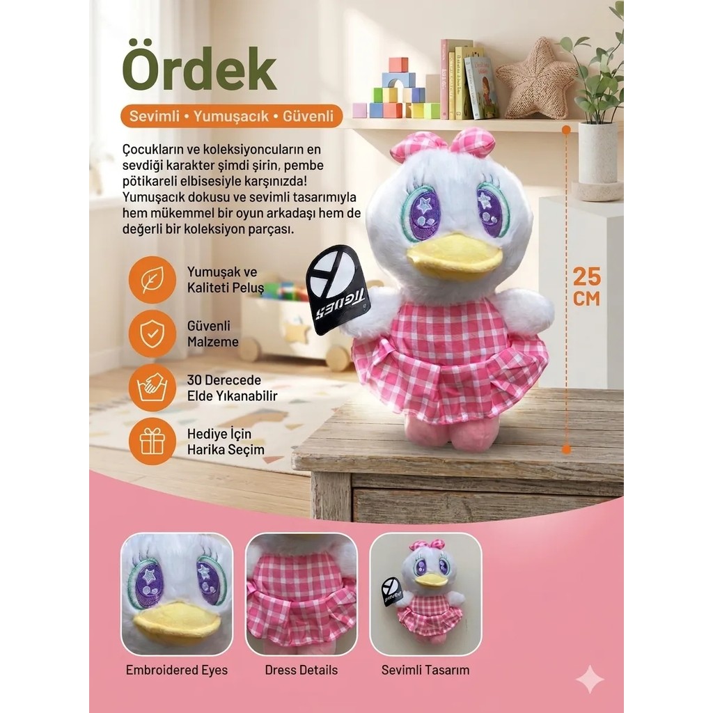 Tigoes Pembe Pötikare Elbiseli Peluş Ördek 25 cm Yıldız Gözlü Nakışlı Yumuşak Uyku Arkadaşı Hediyelik Figür Anne Bebek Oyuncak Fiyatı