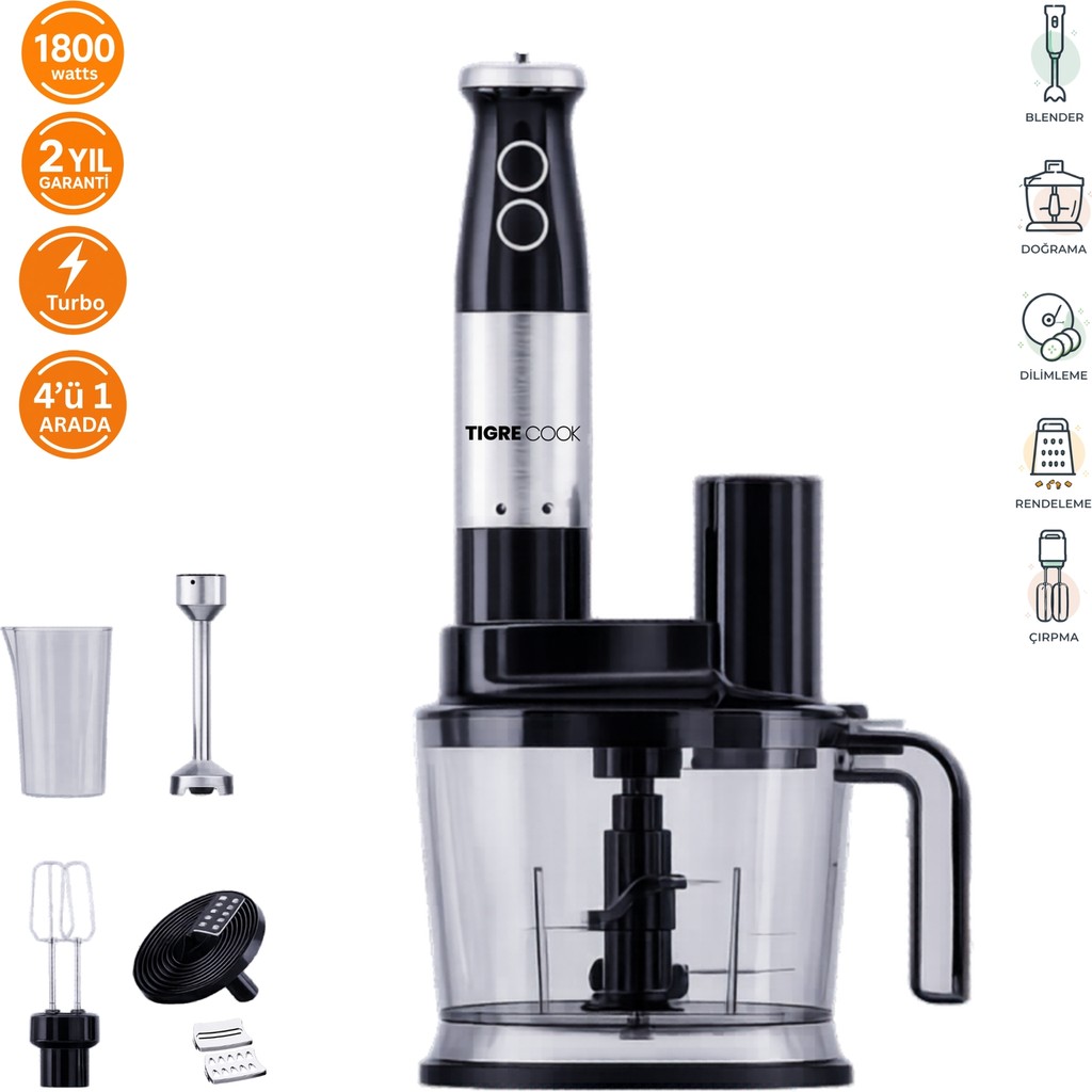 Tigrecook Tıgrecook Mutfak Robotu – El Blenderı, Doğrayıcı, Rende ve Çırpıcı Seti 1800W - Stainless Steel Diğer Fiyatı