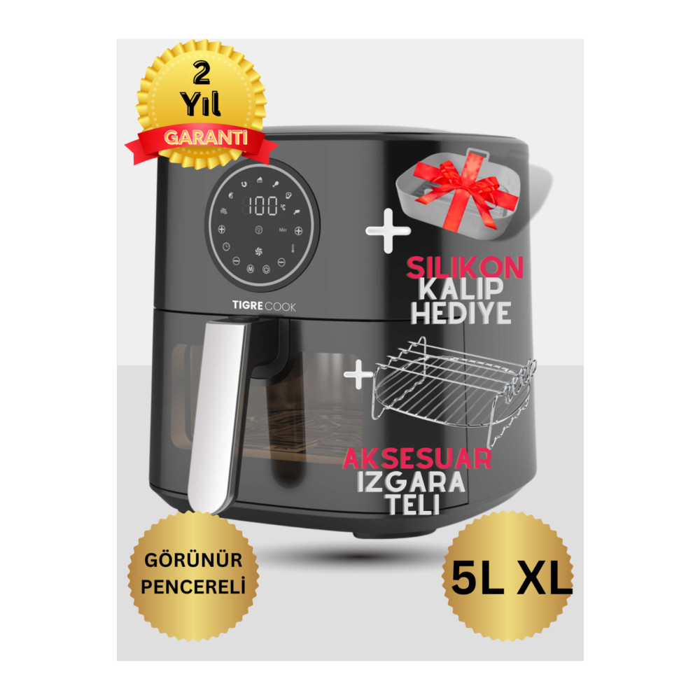 TIGRECOOK Xl Airfryer 5l Sıcak Hava Fritözü Görünür Pencereli Fritözler Fiyatı