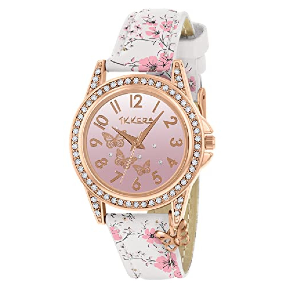 Tikkers Rose Gold Case Flower Printed Butterfly Charm Watch - NTK0029