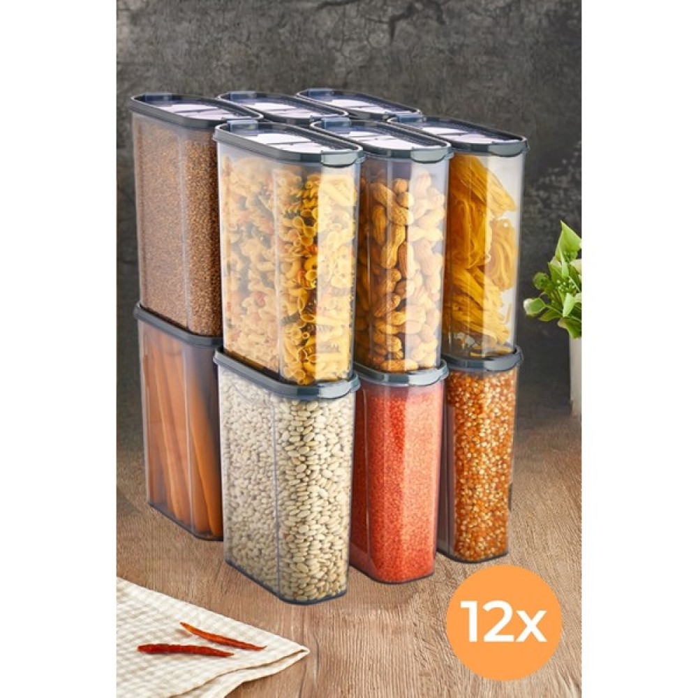 Tıkla Sende 12'li - Sızdırmaz Çift Kapaklı Erzak Bakliyat Saklama Kabı Seti Büyük Boy Füme 12 x 2800 ml Saklama Kapları Fiyatı