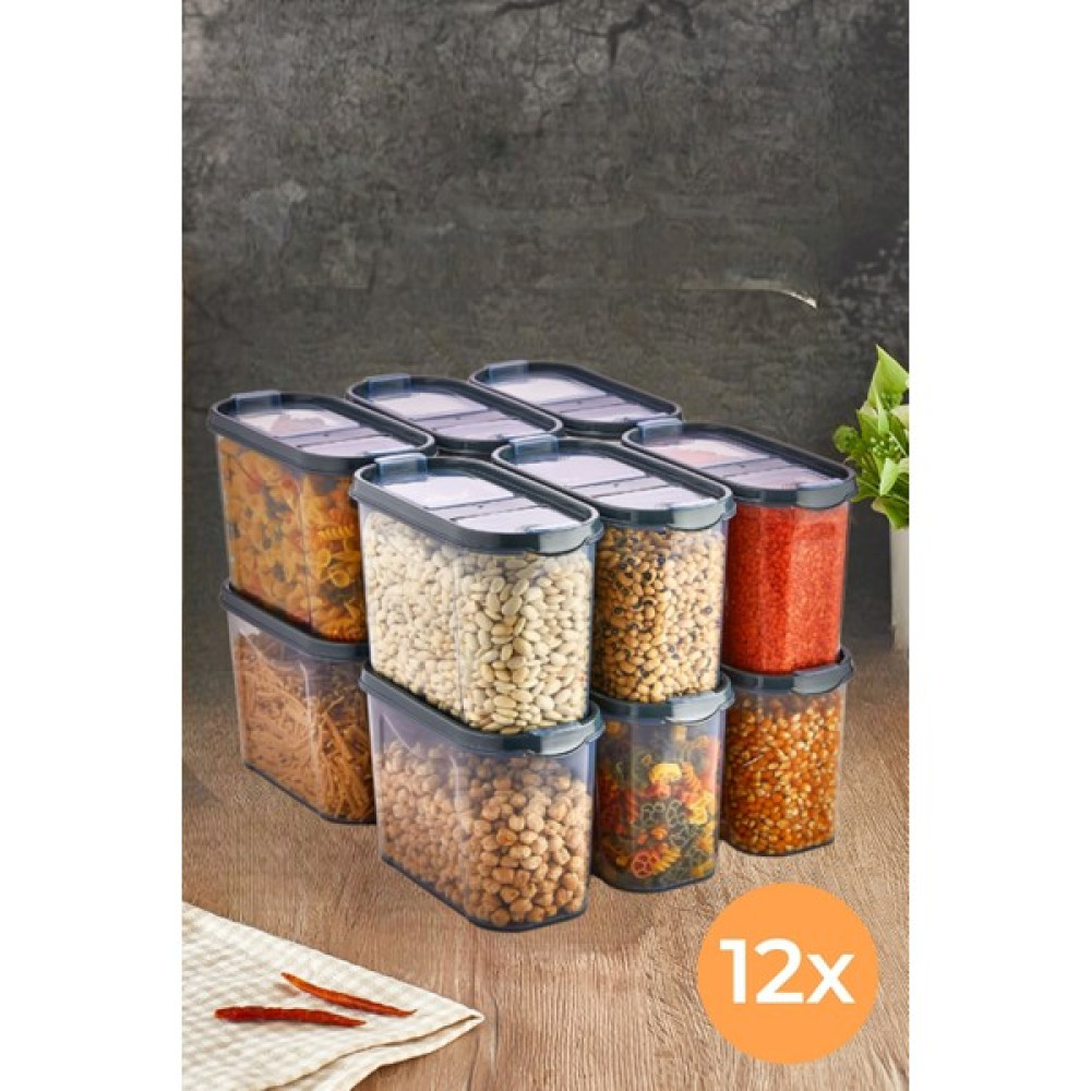Tıkla Sende 12'li - Sızdırmaz Çift Kapaklı Erzak Bakliyat Saklama Kabı Seti Orta Boy Füme 12 x 1400 ml Saklama Kapları Fiyatı