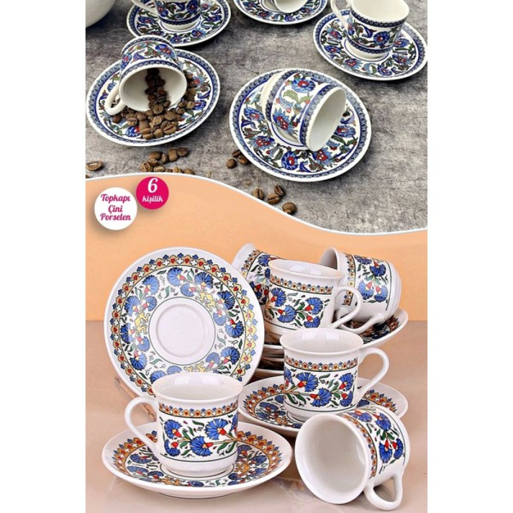 Tilbe Home 12 Parça Porselen Fincanı Sunum Takımı Topkapı Çini Desenli 6 Kişilik Türk Kahvesi Fincan Takımı - Mavi - 100 ml Fincan / Bardak / Kahve Takımı Fiyatı