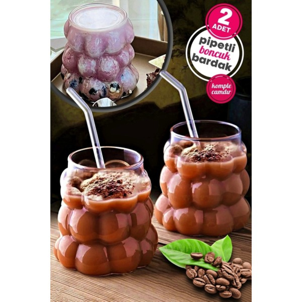 Tilbe Home 2li Boncuklu Pipetli Cam Bardak Üzüm Tanesi Şeklinde 350 Ml. Meşrubat Su Kahve Sunum Bardağı Seti - 2 Adet - Şeffaf - 350 ml Fincan / Bardak / Kahve Takımı Fiyatı