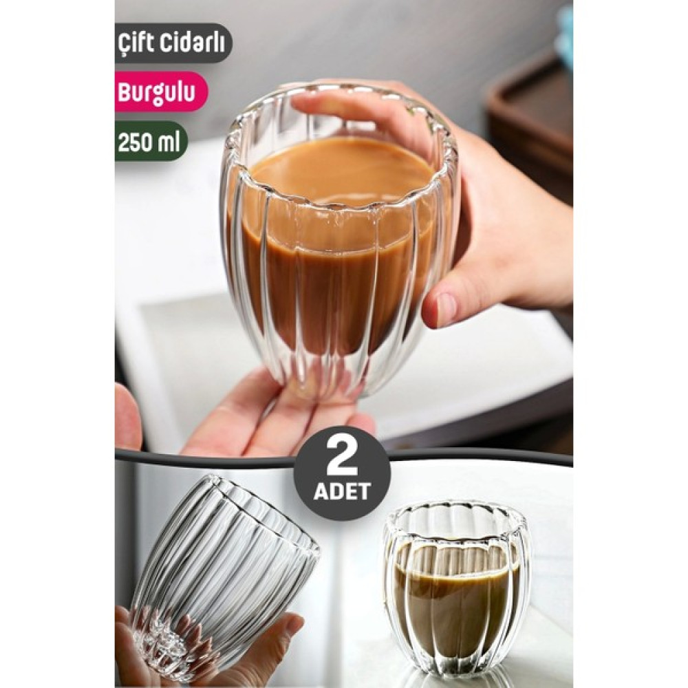 Tilbe Home 2li Cidarlı Borosilikat Tarz Origami Burgulu Bardak Çay Süt Kahve Kupası Sıcak Soğuk Içecek Bardağı - Şeffaf - 250 ml Fincan / Bardak / Kahve Takımı Fiyatı