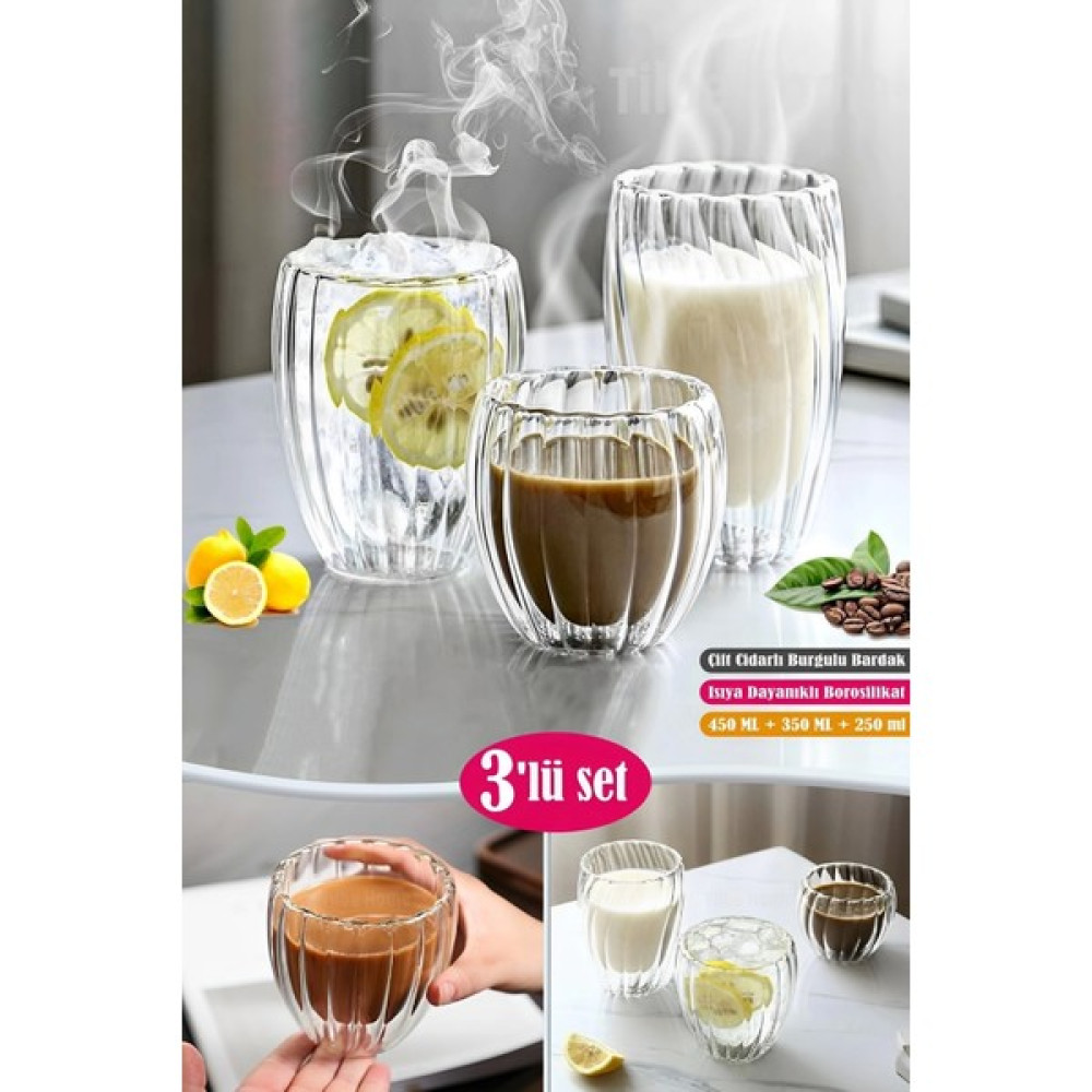 Tilbe Home 3'lü Çift Cidarlı Burgulu Kristal Cam Bardağı Çay Süt Kahve Kupası Sıcak & Soğuk Retro Bardak Seti - Şeffaf Fincan / Bardak / Kahve Takımı Fiyatı