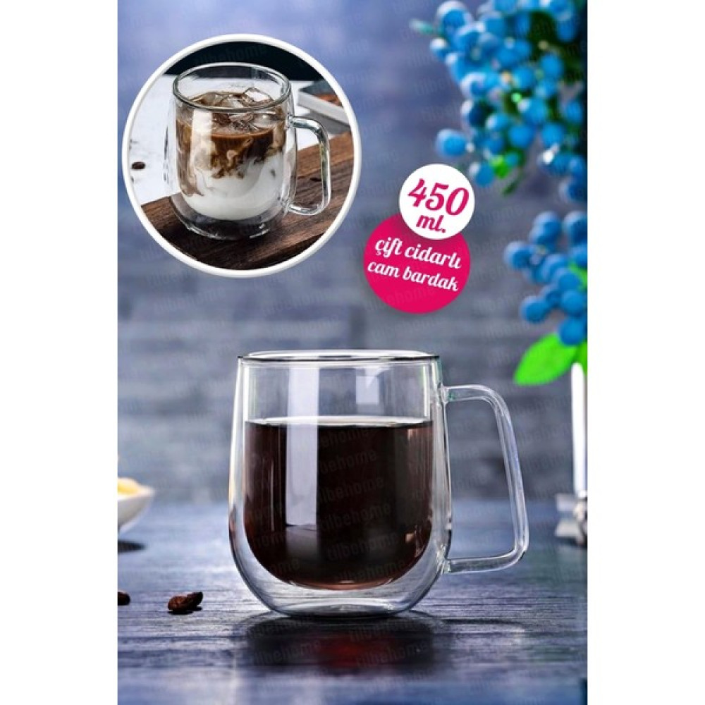 Tilbe Home Çift Cidarlı Kupa Bardak 450 ml Ev Ofis Espresso Kahve Çay Fincanı Borosilikat Kulplu Cam Bardak - 1 Adet - Şeffaf - 452 ml Fincan / Bardak / Kahve Takımı Fiyatı