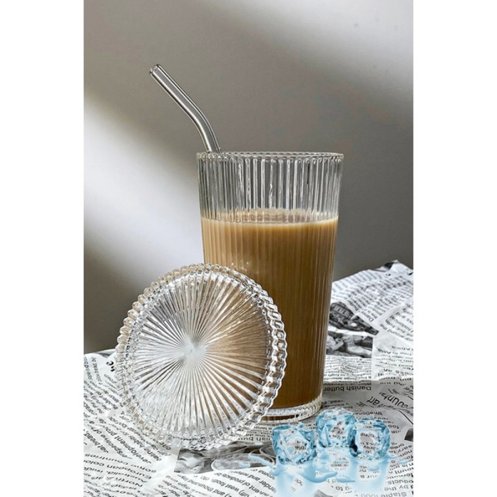 Tilbe Home Origami Stil Kapaklı Pipetli Cam Bardak Kahve Meşrubat Çizgili Sunum Bardağı 600 ml Fincan / Bardak / Kahve Takımı Fiyatı