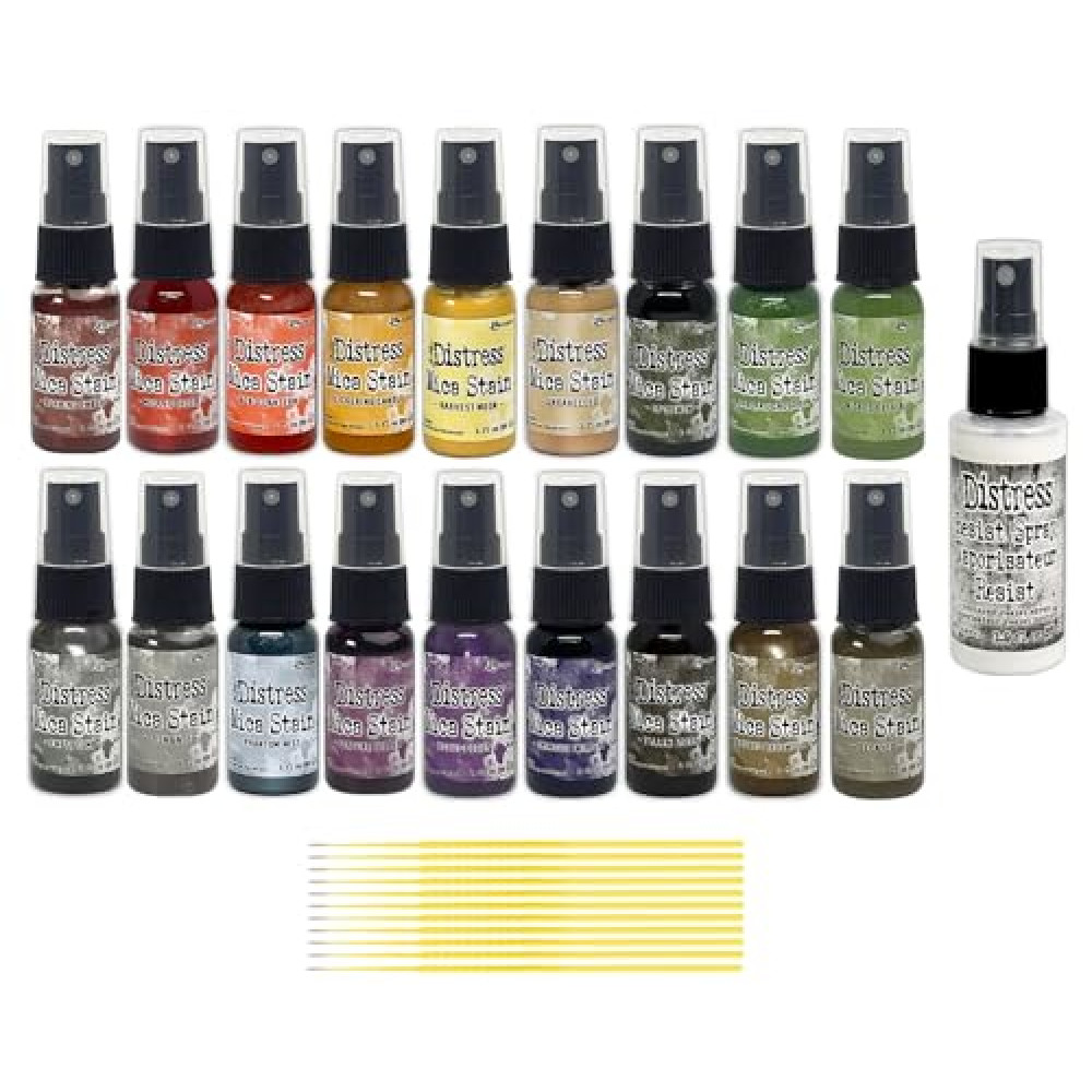 Tim Holtz Ranger Ink Fall Halloween Bundle - Complete 18 Sprays - Sets 1, 2, 3, 4, 5, & 6 Mica Spray Stain Plus Distress Resist Spray and Trebbies Detail Sticks