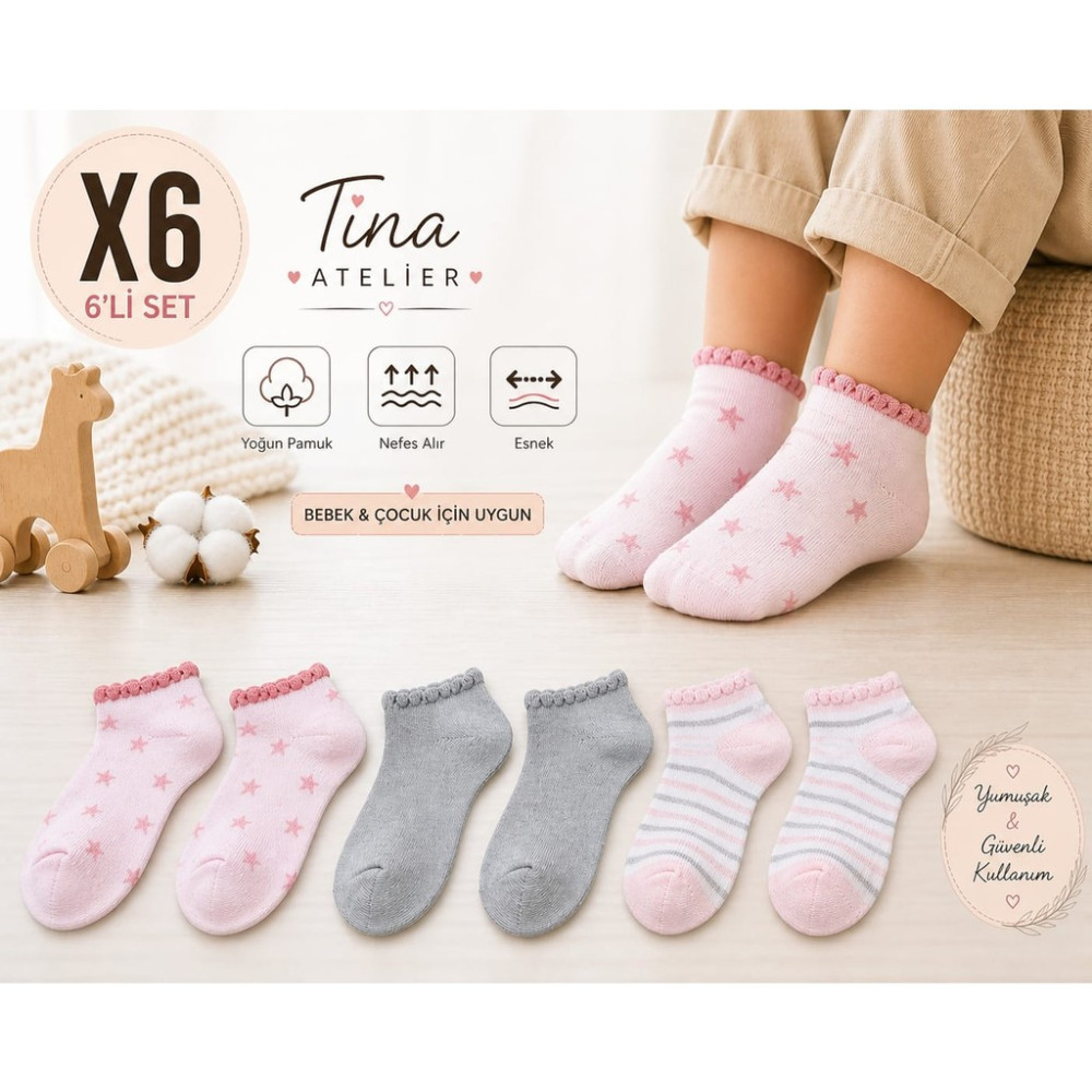 Tina Atelier 6 Çift Kız Çocuk Patik Desenli Çorap Kısa Günlük Yumuşak Kız Çocuk Çorap Fiyatı