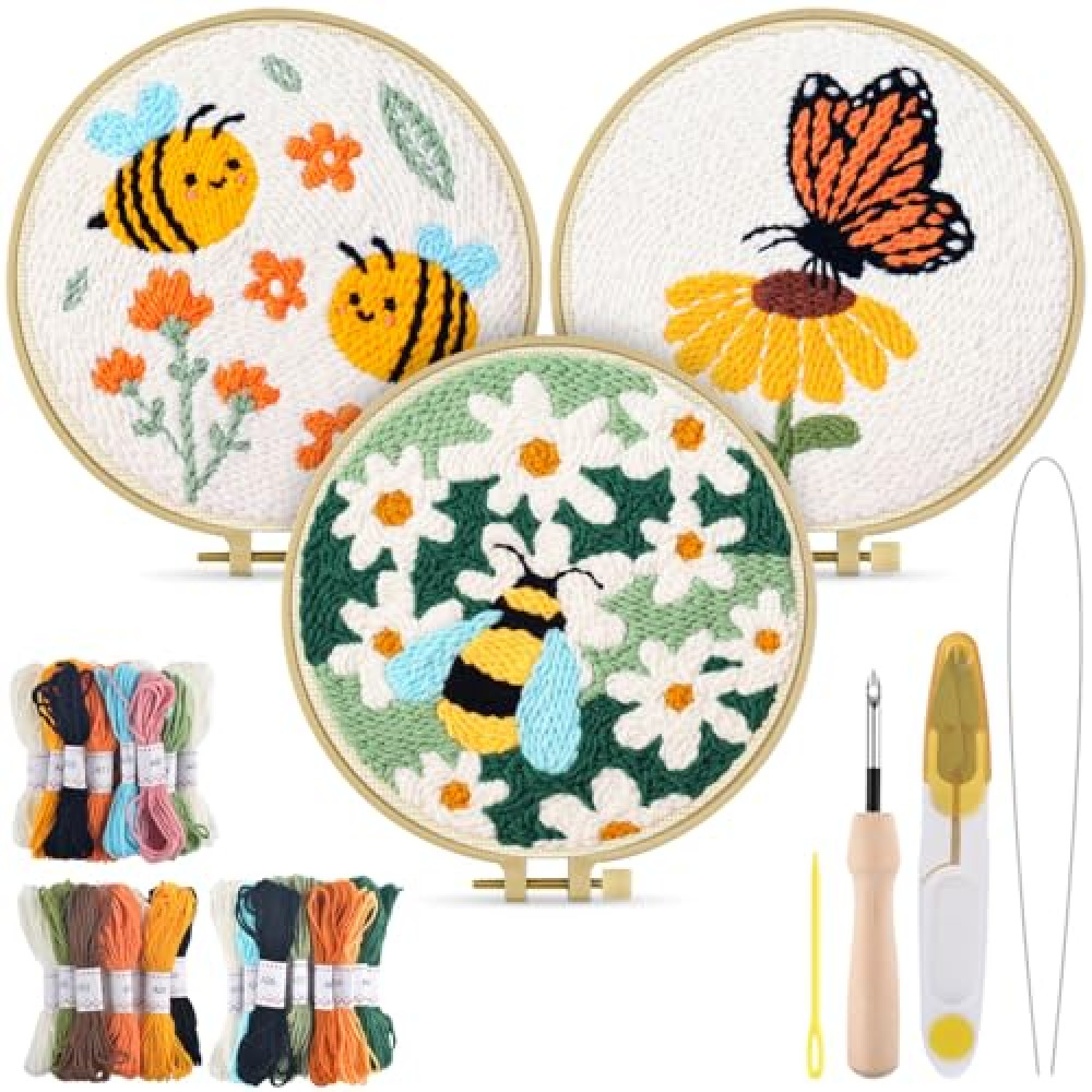 TINDTOP 3 Sets Punch Needle Embroidery Kits, Flowers Punch Needle Kits for Adults Beginner, Tool with Punch Needle Fabric, Hoops, Yarns and Sewing Needles