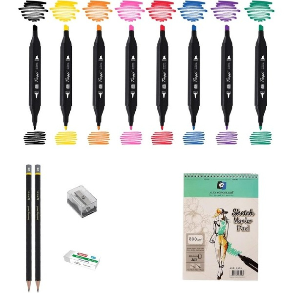 Tinge Marker Kalem Çizim Seti 1 + Marker Defteri + Dereceli Kalem + Silgi + Açacak - Renkli - Standart Keçe Uçlu Kalem Fiyatı