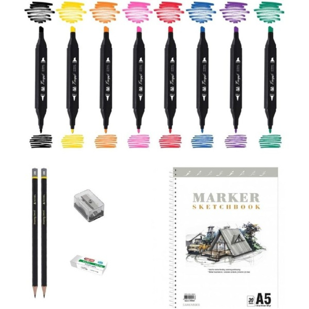 Tinge Marker Kalem Çizim Seti 2 + Marker Defteri + Dereceli Kalem + Silgi + Açacak - Renkli - Standart Keçe Uçlu Kalem Fiyatı