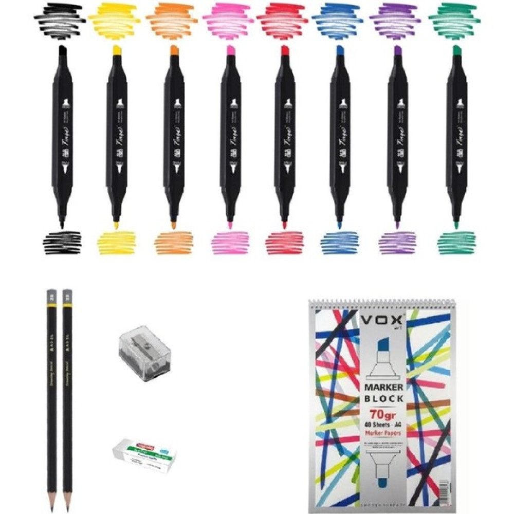 Tinge Marker Kalem Çizim Seti 3 + Marker Defteri + Dereceli Kalem + Silgi + Açacak - Renkli - Standart Keçe Uçlu Kalem Fiyatı