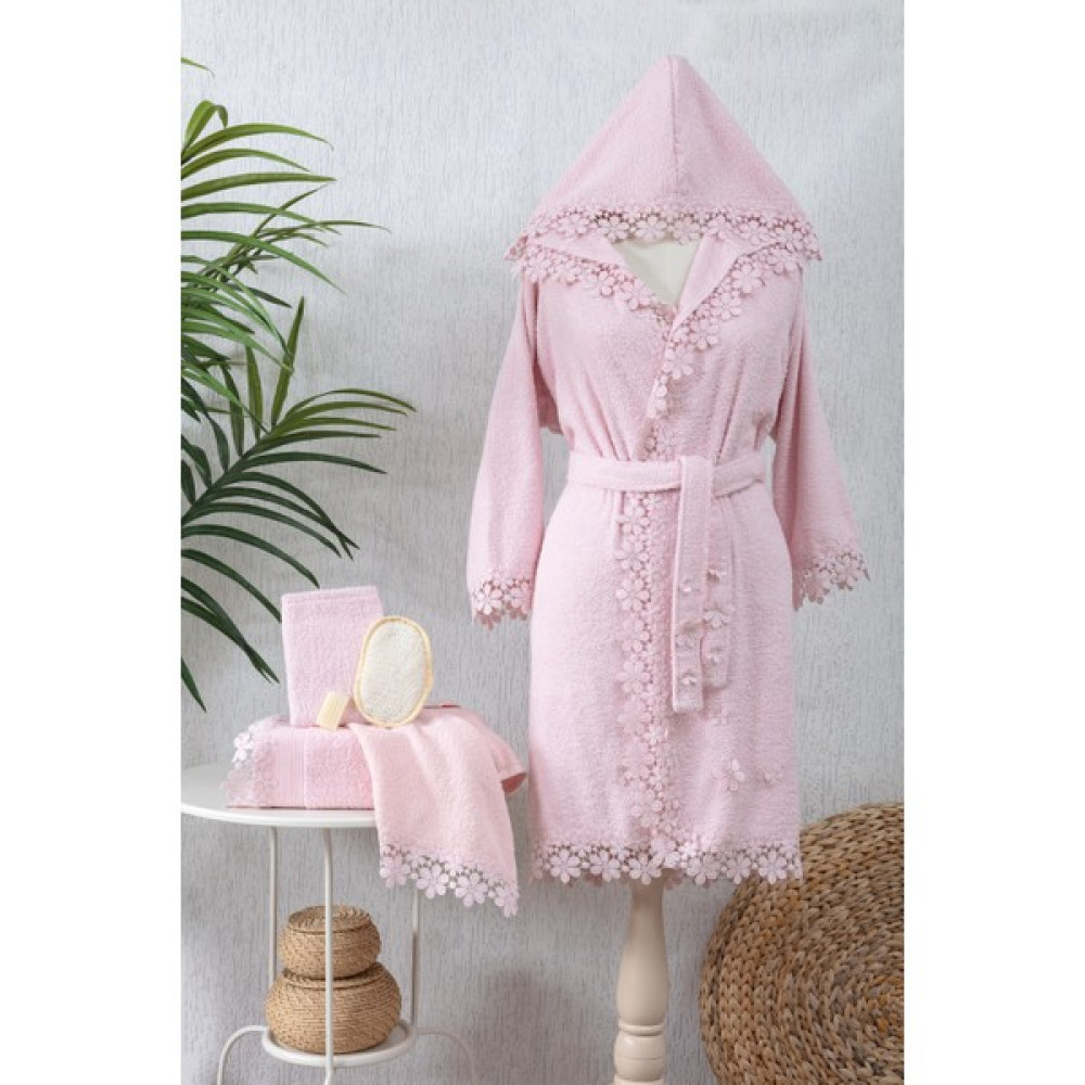 Tinimini Home Rosa Güpürlü Dantelli Kadın Bornoz Seti | 6 Parça | Bornoz Takımı | Pembe | %100 Pamuk | Çeyiz Seti - Standart Bornoz Fiyatı