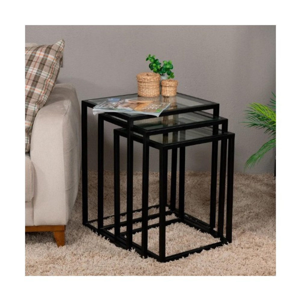 Tino Furniture Arya 3'lü Şeffaf Camlı Zigon Servis Sehpa - Siyah Zigon Sehpa Fiyatı