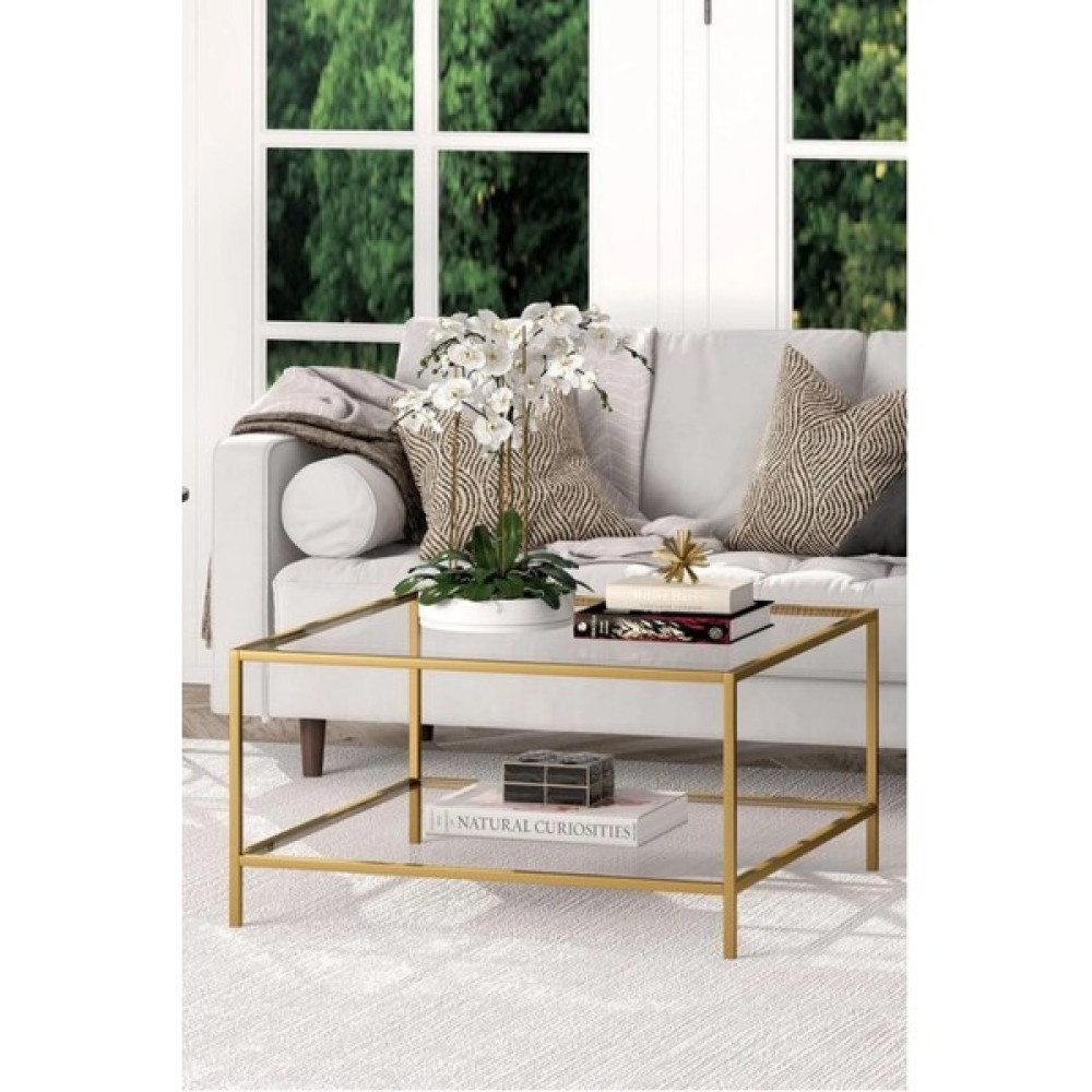 Tino Furniture Oslo Gold 2 Raflı Metal Kare Orta Sehpa Şeffaf Camlı Orta Sehpa Fiyatı