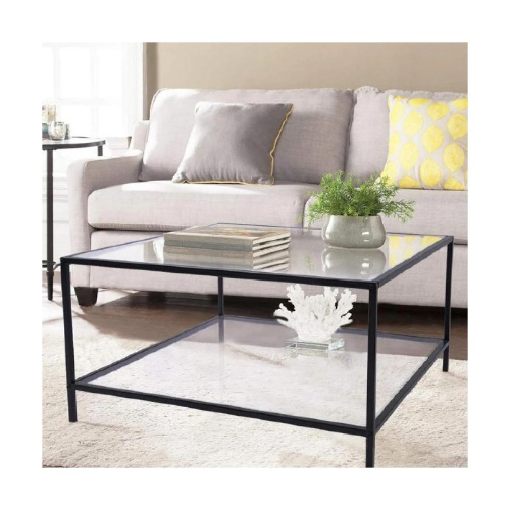 Tino Furniture Oslo Siyah Metal Kare Orta Sehpa Şeffaf Camlı Orta Sehpa Fiyatı