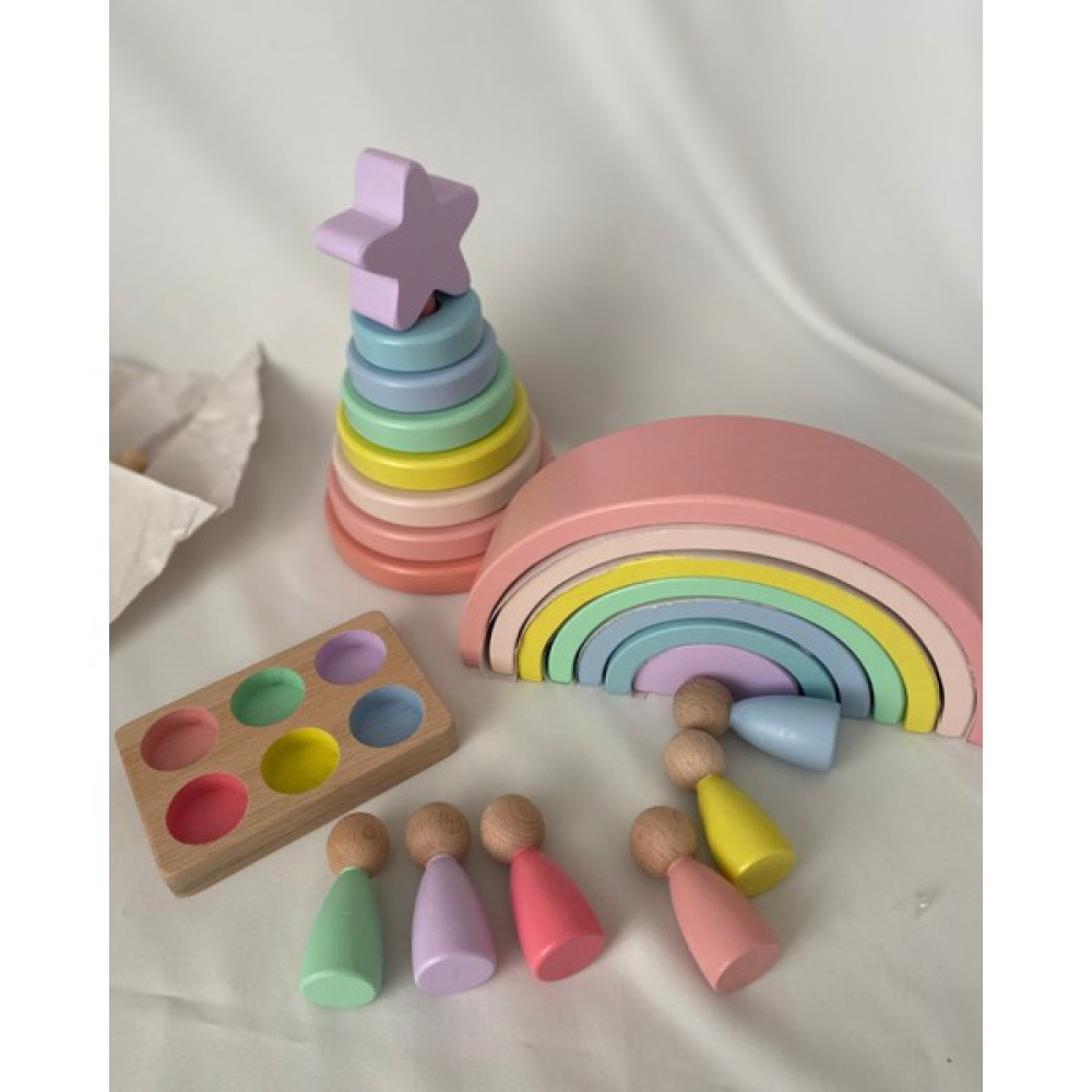 Tinywood 7'li Waldorf Gökkuşağı, Yıldız Kule, Peg Bebek Tabla Seti, Waldorf Eğitsel Ahşap Oyuncak Jumbo Set Bebek Oyuncakları Fiyatı