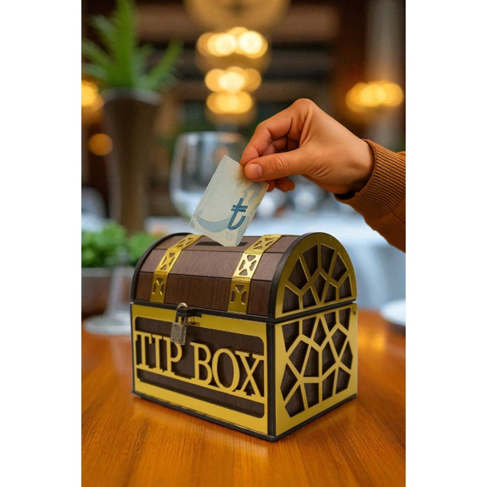 Tip Box- Bahşiş Kutusu - Kumbara “sandık Tipi Tipbox” Siyah+Gold Renk Kumbara Fiyatı