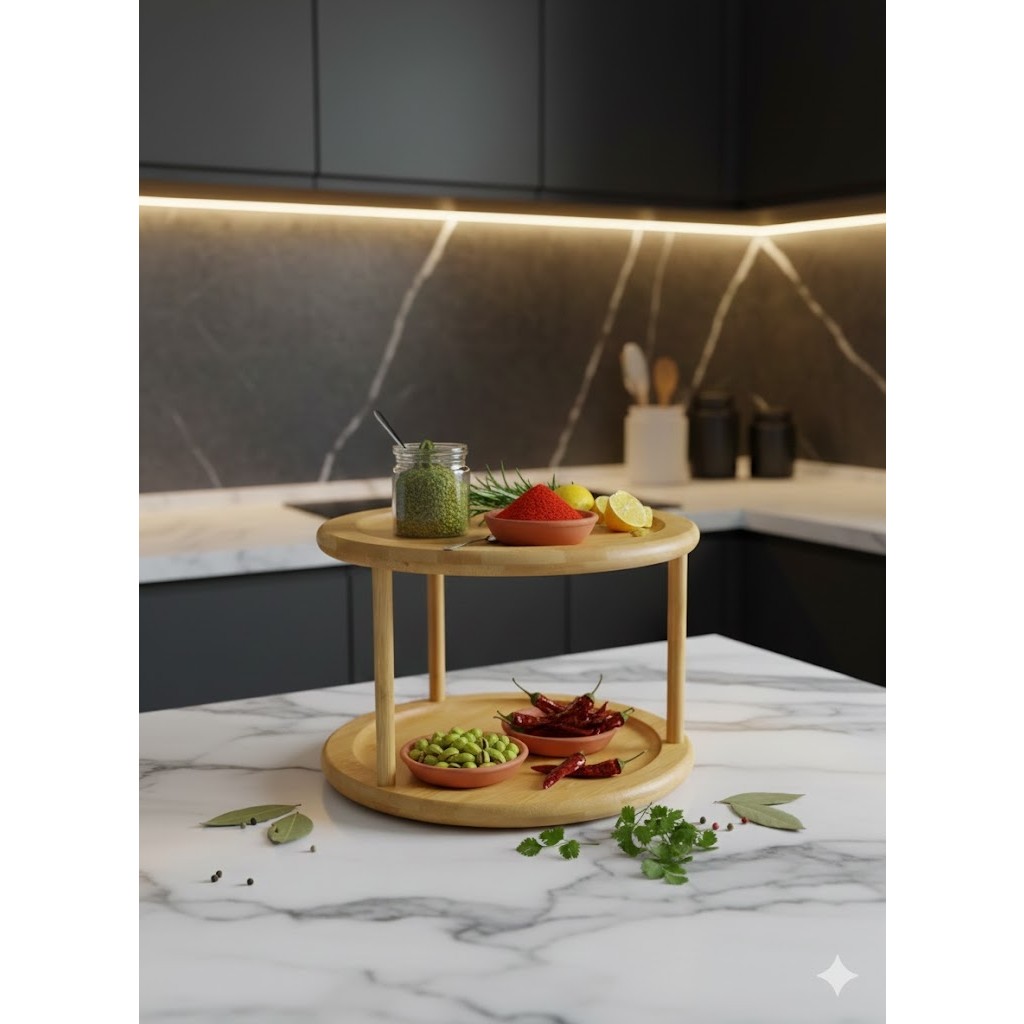 Tiran Iki Katlı Yuvarlak Lüx 360° Döner Tablalı Ahşap Bambu Sunum Tepsisi-Düzenleyici - Bej Diğer Fiyatı