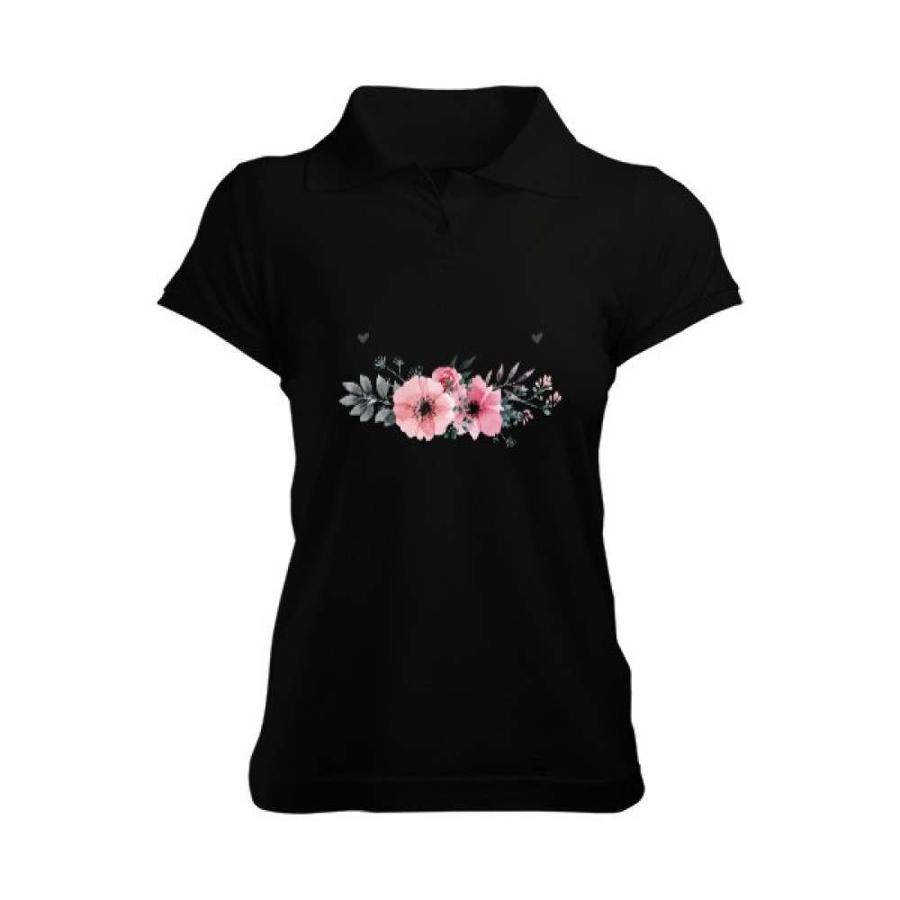 Tisho Çiçek Desenli Siyah Kadın Polo Yaka Tişört Kadın Polo Yaka Tişört Bayan T-shirt Fiyatı