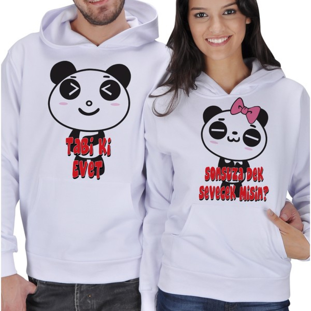 Tisho Sevimli Panda Baskılı Sevgili Kapüşonlu Sweatshirt Bayan Sweatshirt Fiyatı