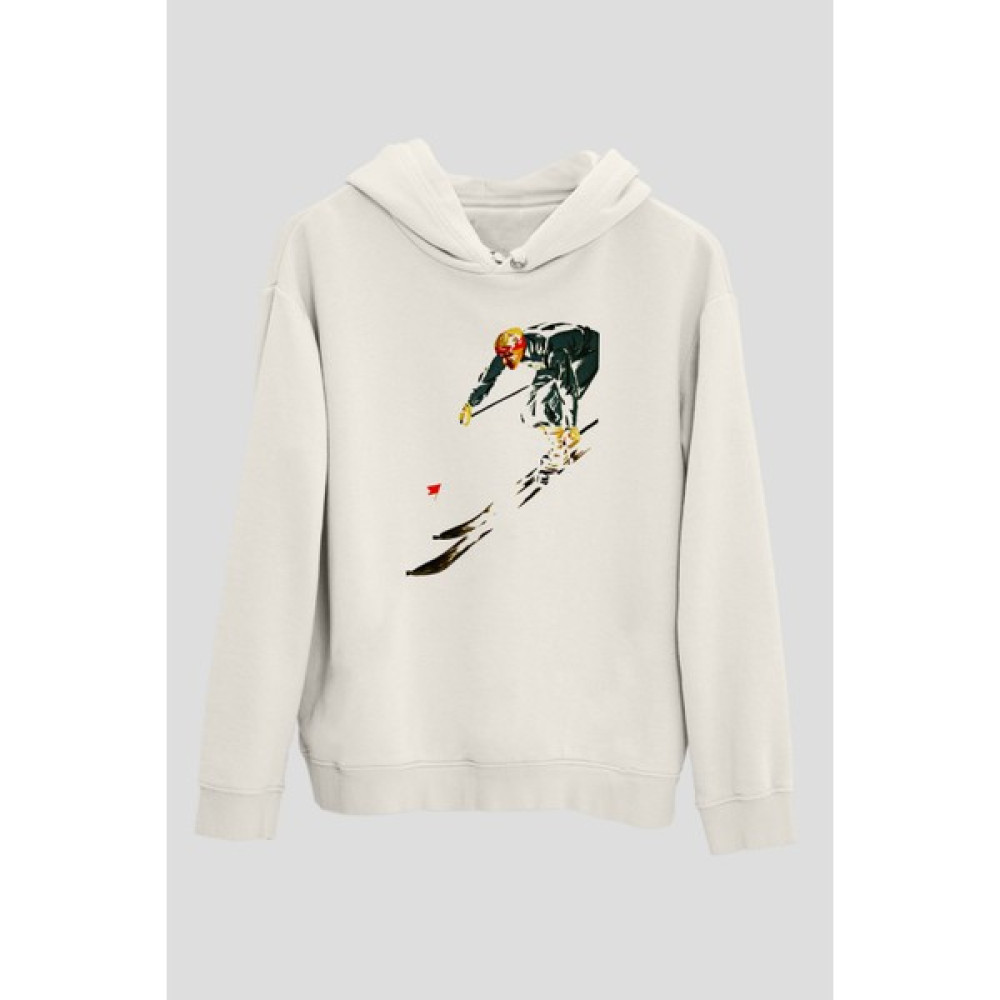 Tişört Fabrikası Kayak Baskılı Unisex Ekru Hoodie Bayan Sweatshirt Fiyatı