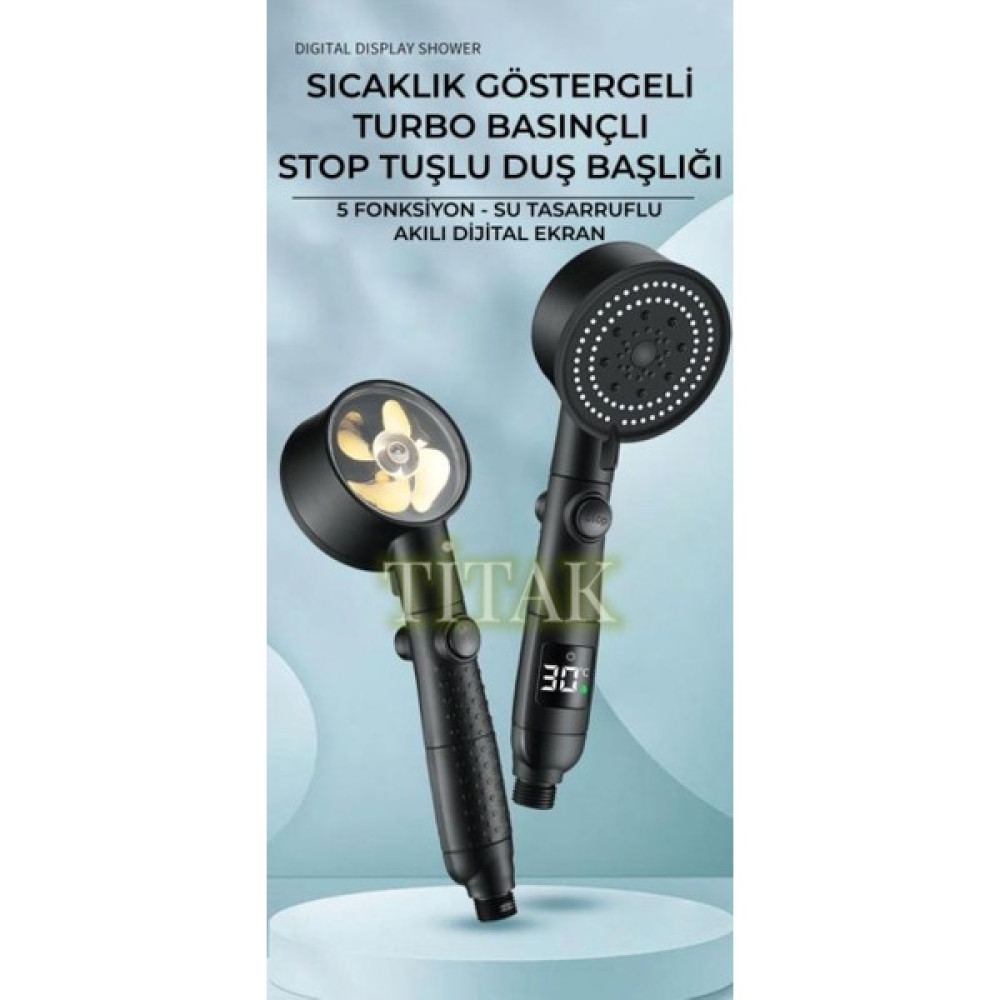 Titak Sıcaklık Göstergeli Turbo Basınçlı Stop Tuşlu - 5 Fonksiyonlu Siyah Duş Başlığı Duş Başlığı Fiyatı