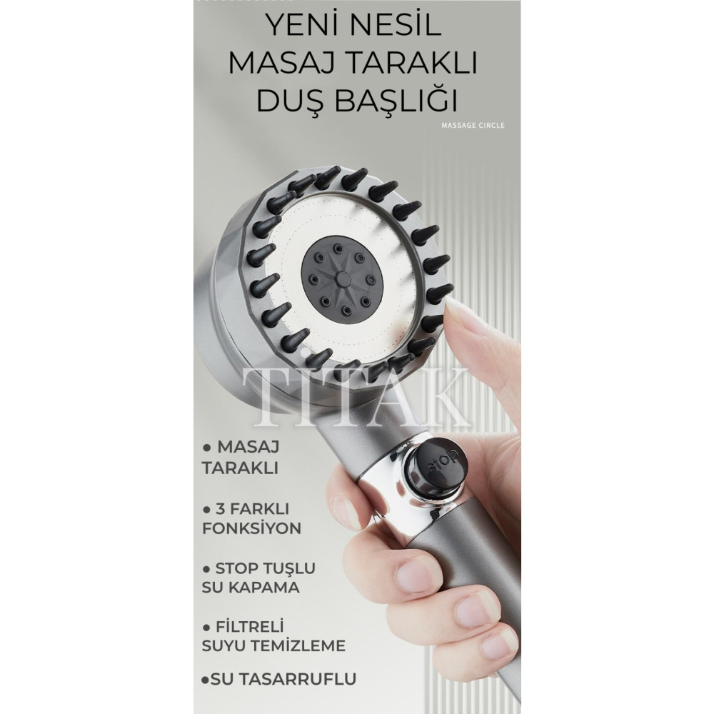 TİTAK Yeni Nesil Masajlı Filtreli Stop Tuşlu 3 Fonksiyonlu Su Tasarruflu Basınçlı Duş Başlığı Duşakabin Fiyatı