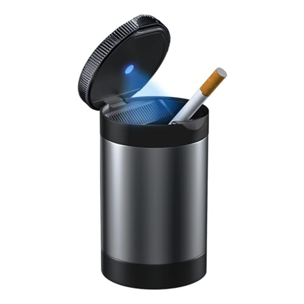 Tmengdao Ashtray with Lid,Smokeless Ashtray for Cup Holder Smell Proof,Detachable Stainless Steel Car Ash Tray with LED Auto Light, for Most Car, Office, Home (Grey)