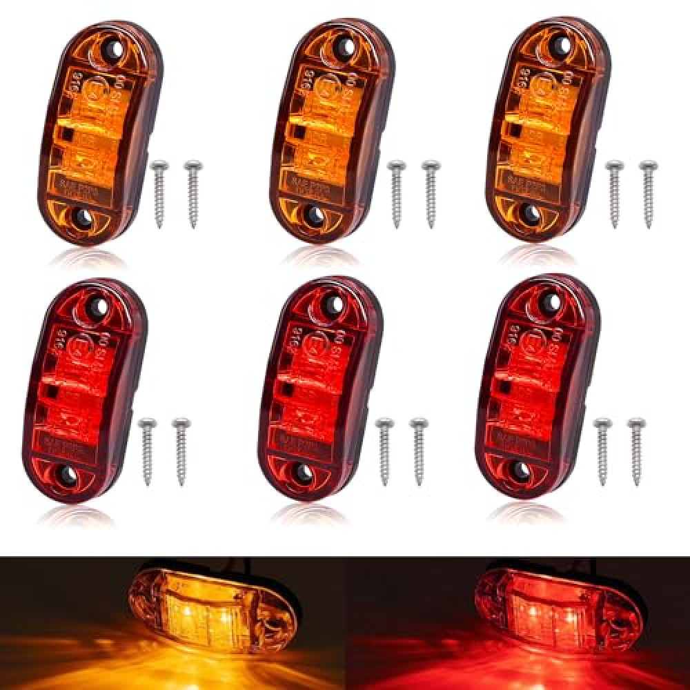 Tnisesm 6Pcs Amber+Red 2.5 Inch Waterproof Trailer Marker Lights, 2 Diode LED Trailer Side Marker Light, Oval Trailer Running Lights For RV Camper Accessories