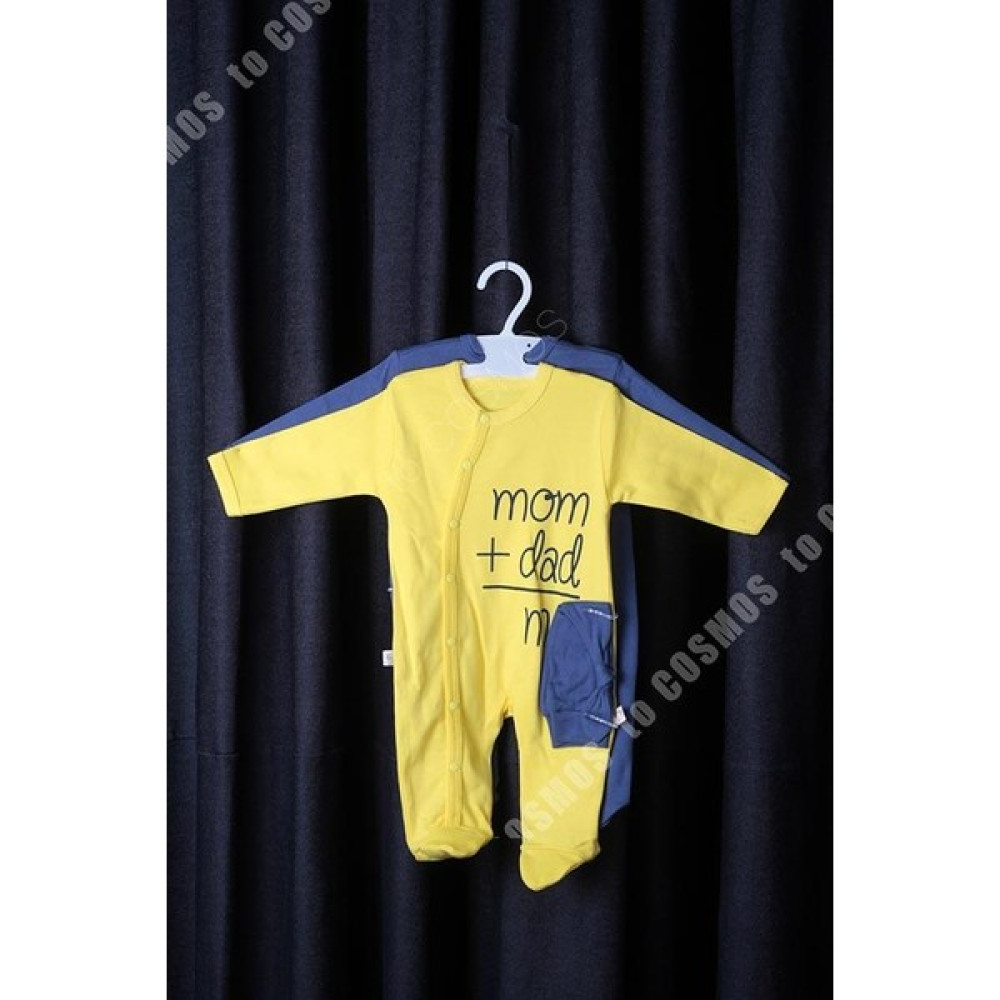 to Cosmos Cosmos Bebek Mom Dad+ Me Baskılı Sarı Bebek Tulum + Şapka 0-3 Ay Bebek Tulumu Fiyatı