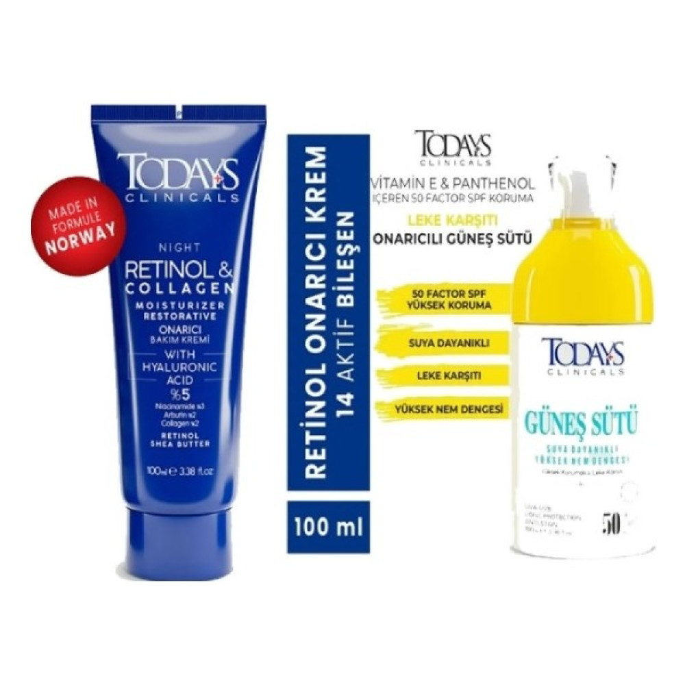 Todays Clinicals Onarıcı Krem - Retinol 100 ml + Güneş Sütü 50+ Spf Yüksek Koruma Leke Karşıtı 100 ml Leke Kremi Fiyatı