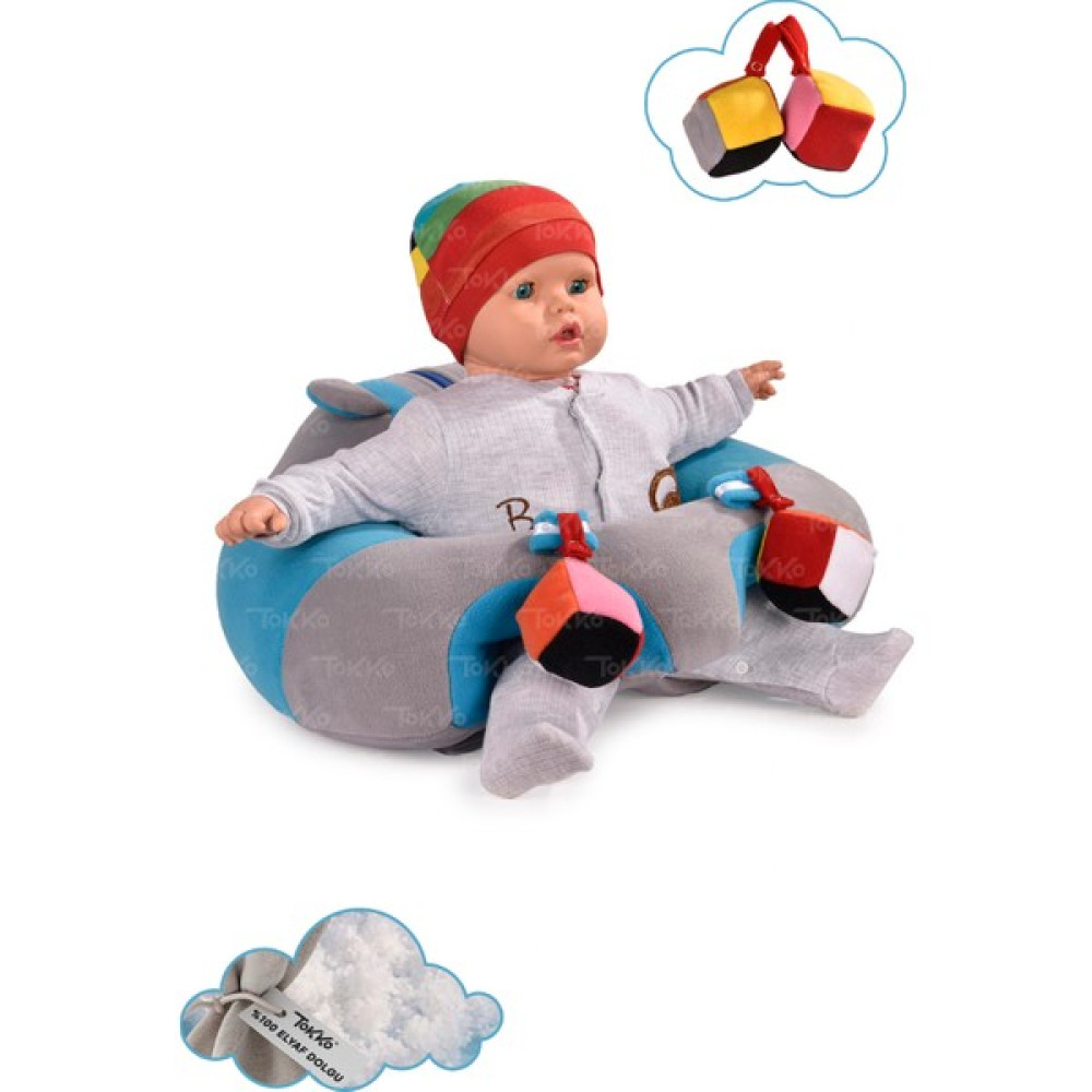 Tokko Oyuncaklı Bebek Oturma Destek Minderi - Devrilmez Bebek Koltuğu - Büyük Bebek Oturağı Gri Mavi Bebek Güvenlik Fiyatı