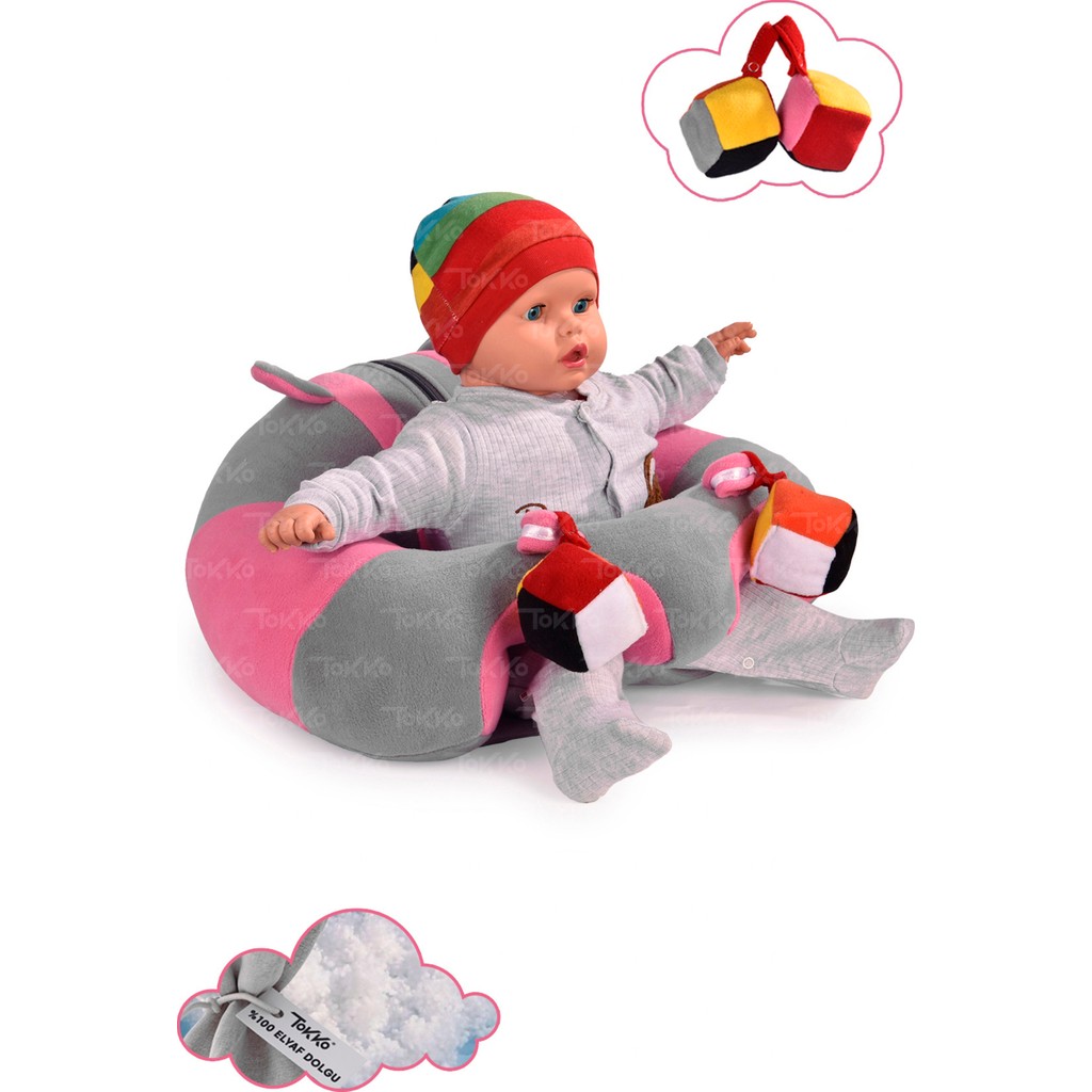 TOKKO Oyuncaklı Bebek Oturma Destek Minderi - Devrilmez Bebek Koltuğu - Büyük Bebek Oturağı Gri Pembe Anne Bebek Oyuncak Fiyatı