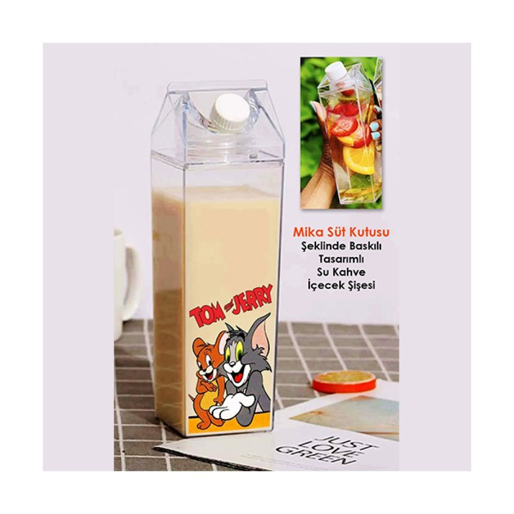 Tom ve Jerry Baskılı Mika Süt Kutu Tasarımlı Su Kahve Içecek Şişesi - Cam Değildir - 500 ml - Şeffaf Fincan / Bardak / Kahve Takımı Fiyatı