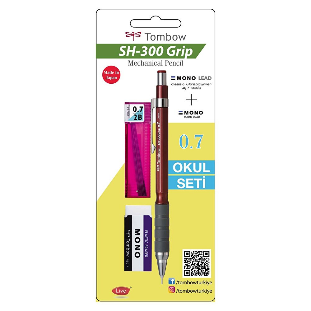 Tombow SH-300 Grip 0.7 Uçlu Kalem + Kalem uçu + Silgi Okul Seti Bordo Mekanik Kurşun (Versatil) Kalem Fiyatı