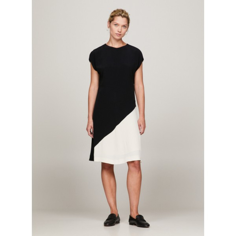 Tommy Hilfiger Bisiklet Yaka Düz Siyah - Beyaz Orta Kadın Elbise Vıscose Blocked Knee Dress Elbise Fiyatı