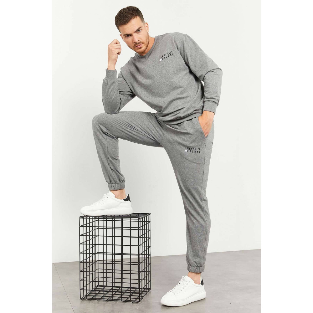 TOMMY LIFE Gri Melanj Erkek Casual O Yaka Oversize Lastik Paça Eşofman Takımı - 85120 S Beden Kadın Eşofman Fiyatı