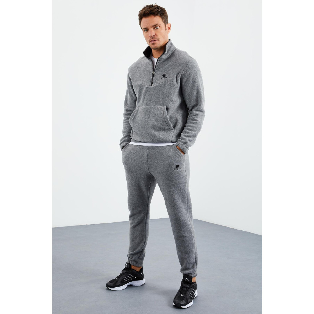 TOMMY LIFE Gri Melanj Erkek Yarım Fermuar Dik Yaka Lastik Paça Polar Eşofman Takımı - 85159 XL Beden Kadın Eşofman Fiyatı
