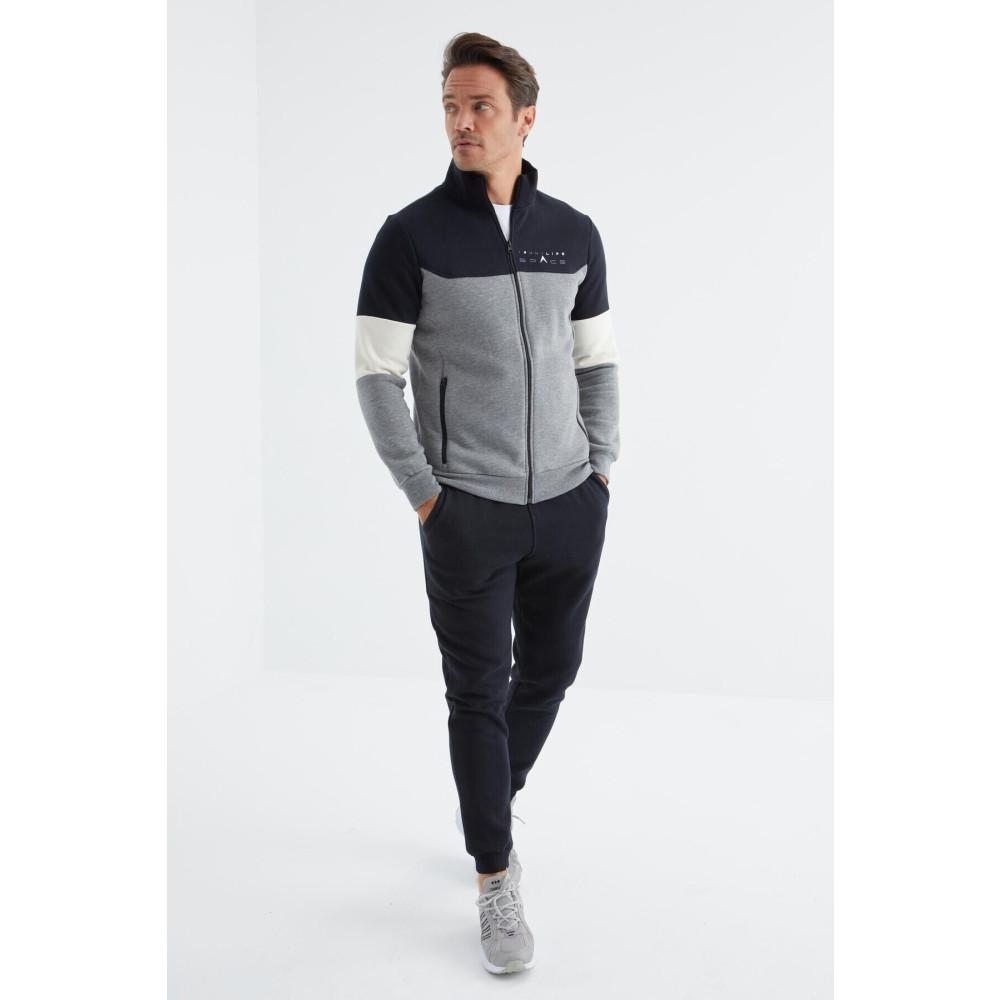 TOMMY LIFE Gri Melanj - Lacivert Dik Yaka Renk Geçişli Standart Kalıp Erkek Eşofman Takımı - 85186 XL Beden Kadın Eşofman Fiyatı
